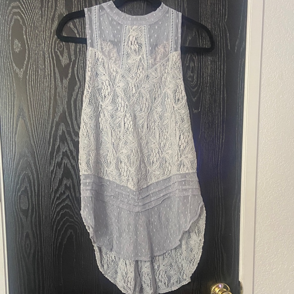 Free People Gray Mesh And Lace Knit Top Size Small